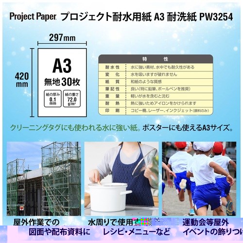 スマートオフィス】プロジェクト耐水用紙A3 耐洗紙無地 PW3254 オキナ