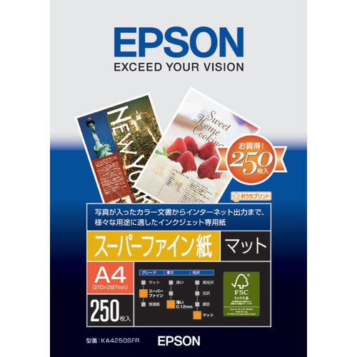 スマートオフィス】スーパーファイン紙 KA4250SFR A4 250枚 EPSON