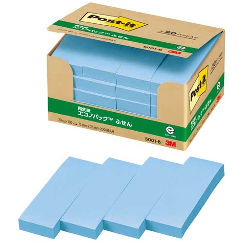 (まとめ) 3M ポストイット エコノパック ふせん 再生紙 75×25mm 4色 5001-K20 1パック（24冊） 〔×5セット〕