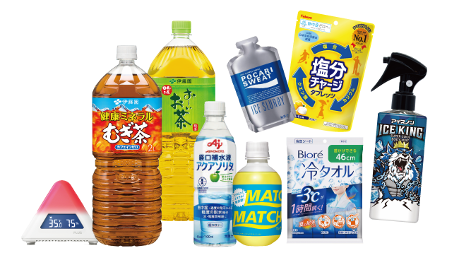 むぎ茶、緑茶、冷却用品などの画像